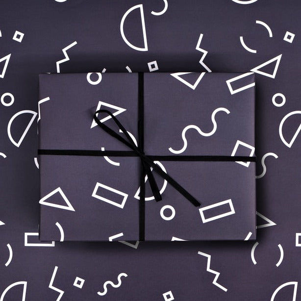 The Completist Navy Memphis shapes gift wrap