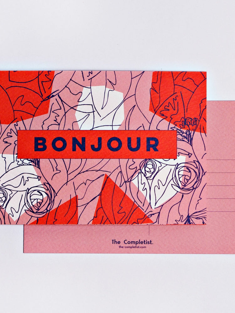 The Completist Pink Red Bonjour Postcard