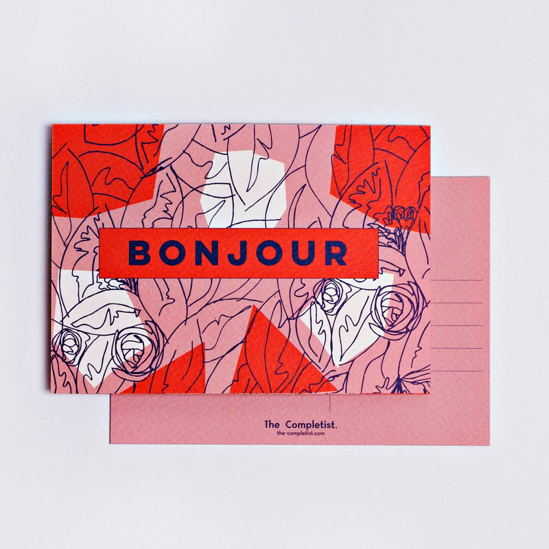 The Completist Pink Red Bonjour Postcard