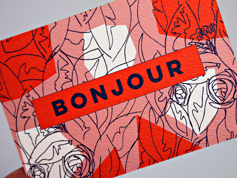 The Completist Pink Red Bonjour Postcard